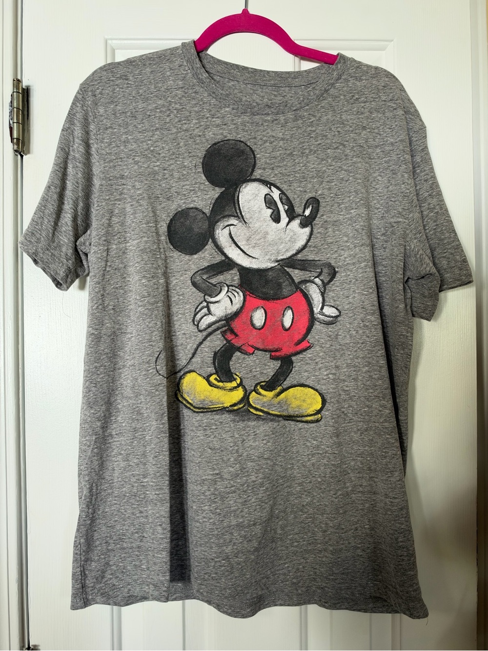 Disney Grey Mickey Mouse Short Sleeve Tee with Red and Yellow Graphic